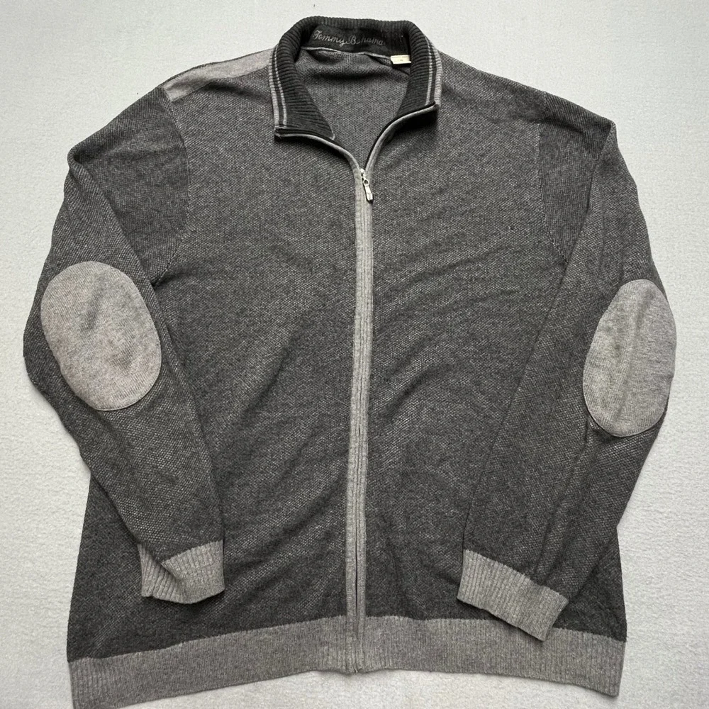 Tommy‎ Bahama Men's Gray Cotton Cashmere Blend Zip Up Sweater Large Elbow patch